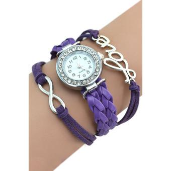 Sanwood Women's Leather Band Bracelet Watch Words Decor Charm Bangle Wristwatch Purple  