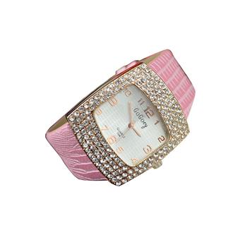Sanwood Women's Luxury Square Crystal Case Faux Leather Wrist Watch Pink  