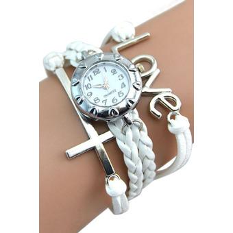 Sanwood Women's Mixed Pattern Cross Eiffel Tower Charm Leather Quartz Wrist Watch White  