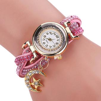 Sanwood Women's Moon Faux Leather Charm Bracelet Wrist Watch Pink (Intl)  