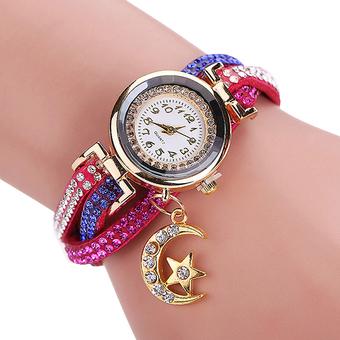 Sanwood Women's Moon Faux Leather Charm Bracelet Wrist Watch Rose Red (Intl)  