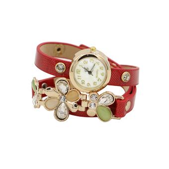 Sanwood Women's Rhinestone Flower Quartz Bracelet Wrist Watch Red (Intl)  