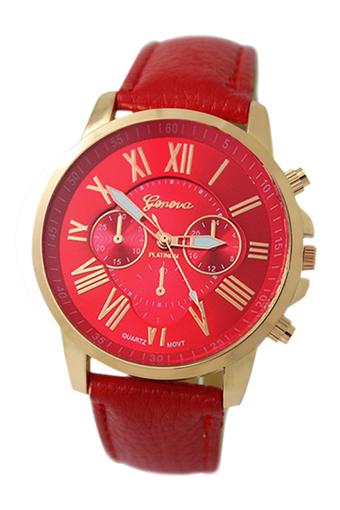 Sanwood Women's Roman Numerals Faux Leather Wrist Watch Red  