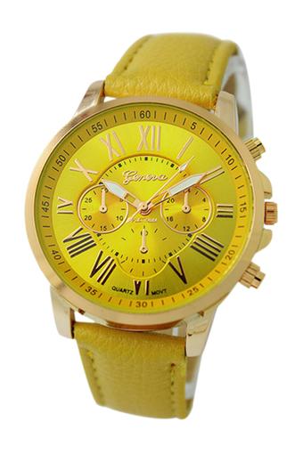 Sanwood Women's Roman Numerals Faux Leather Wrist Watch Yellow  