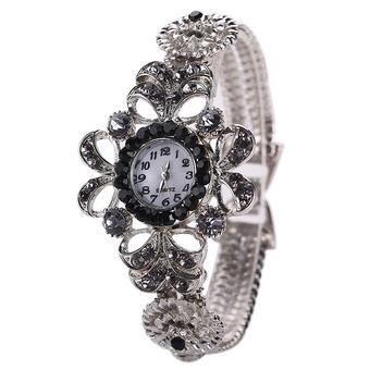 Sanwood Women's Silver Plated Flower Rhinestone Quartz Wrist Watch Black  