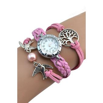 Sanwood Women's Vintage Life Tree Birds Charm Leather Bracelet Wrist Watch Pink  