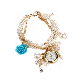 Sanwood Womens Rose Flower Faux Pearl Analog Quartz Wrist Watch Blue  