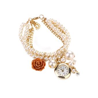 Sanwood Womens Rose Flower Faux Pearl Analog Quartz Wrist Watch Coffee  