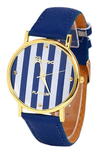Sanwood Womens Stripes Print Leatheroid Quartz Wrist Watch Dark Blue  