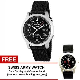 Seiko 5 AUTOMATIC Jam Tangan Pria - Silver - Strap kanvas- SNK809K2 + Free Swiss army watch - Random Colour  