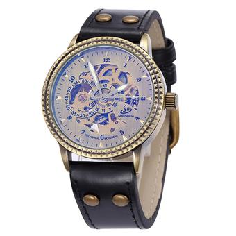 Shenhua Brand Vintage Skeleton Automatic Men Mechanical Wristwatch Luminous PU Leather Self-winding Man's Casual Watch with Box- Intl  