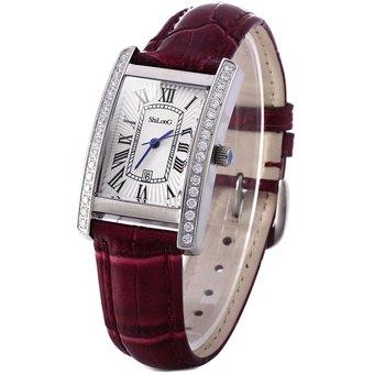 ShiLonG 8069L Stainless Steel Diamond Women Quartz Watch Rectangle Dial Genuine Leather Watchband with Date Display (Red) - Intl  