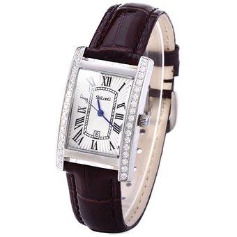 ShiLonG 8069L Stainless Steel Diamond Women Quartz Watch Rectangle Dial Genuine Leather Watchband with Date Display (Brown) - Intl  