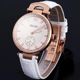 ShiLonG 8075L Diamond Japan Quartz Watch Water Resistant Genuine Leather Strap Fine Steel Case for Women (White) - Intl  