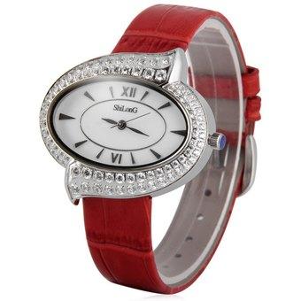 ShilonG 8071L Female Quartz Watch 50M Water Resistant Diamond Oval Dial Genuine Leather Strap (Red) - Intl  