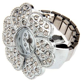 Silver Tone Flower Metal Pocket Finger Ring Watch 1.1"  