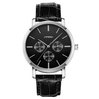 Sinobi S9536 Business Casual Geniune Leather Strap Quartz Watch with 3 Small Dials Black  