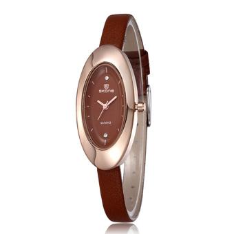 Skone lady Rhinestone Oval Gold Women's Fashion Casual Luxury Quartz Leather Wristwatches brown (Intl)  