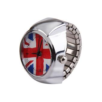 Stretch Elastic Silver Tone Mini Round Britain Flag Dial Quartz Ring Watch  