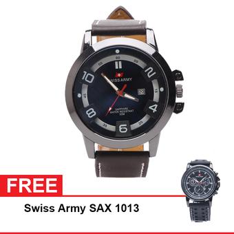 Swiss Army - Jam Tangan Analog Pria - Kulit Coklat - Dial Hitam - Bezel Hitam SAX 1239 + Swiss Army SAX 1013  