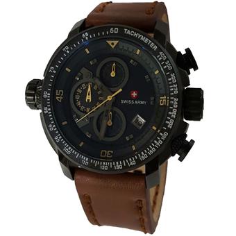 Swiss Army SA5046M Cronograph Jam Tangan Pria Strap Leather Coklat Lis Kuning  