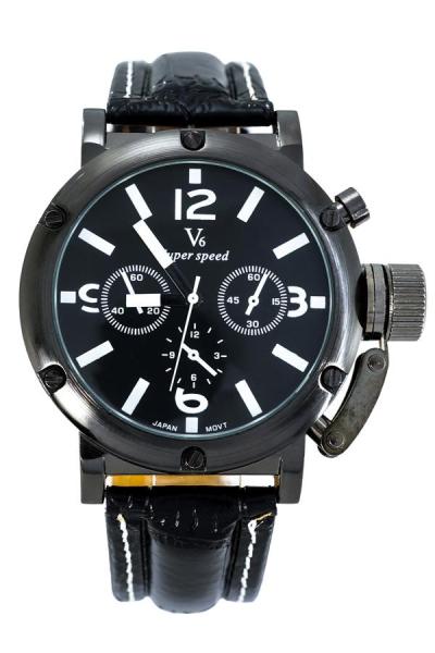 V6 626318 Jam Tangan Pria Faux Leather Dark Tan Crocodile Strap Men's Classic Watch - Black