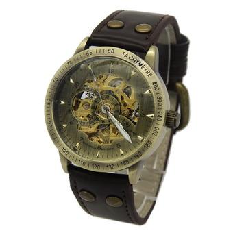 Vintage Retro Men Leather Band Bronze Skeleton Automatic Mechanical Sport Watch 003053 (Intl)  