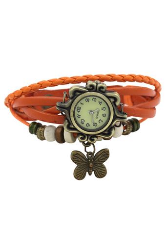 Vogue Womens Artificial Leather Bracelet Butterfly Quartz Wrist Watch Orange  