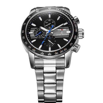 WEIDE WH-3313 Men's Fashion Stainless Steel Band 3ATM Waterproof Quartz Analog Watch With Complete Calendar Black With Blue And Silver  