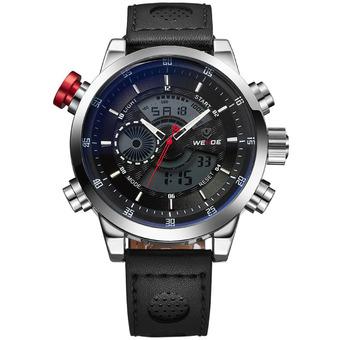 WEIDE WH-3401 Men' Luxury Genuine Leather Strap Quartz Digital LCD Back Light Military Sport Wristwatch - Black + Silver (Intl)  