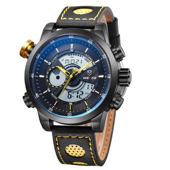 WEIDE WH-3401 Men' Luxury Genuine Leather Strap Quartz Digital LCD Back Light Military Sport Wristwatch (Black)  