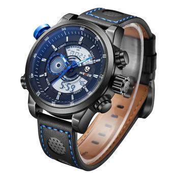 WEIDE WH-3401 Men' Luxury Genuine Leather Strap Quartz Digital LCD Back Light Military Sport Wristwatch - Black + Blue (Intl)  