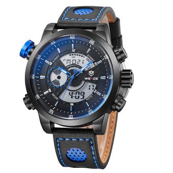 WEIDE WH-3401 Men' Luxury Genuine Leather Strap Quartz Digital LCD Back Light Military Sport Wristwatch - Black + Blue  