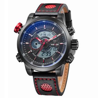WEIDE WH-3401 Men's Luxury Genuine Leather Strap Quartz Digital LCD Back Light Military Sport Wristwatch (Black)  