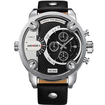WEIDE WH3301 Men's Sports Genuine Leather Strap Waterproof Oversize Quartz Wristwatch (Black)  