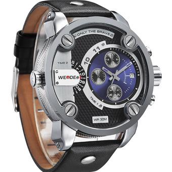 WEIDE WH3301 Men's Sports Genuine Leather Strap Waterproof Oversize Quartz Wristwatch - Black + Blue (Intl)  