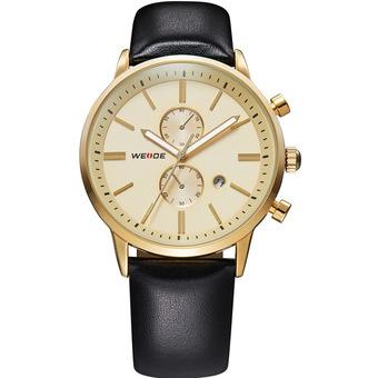 WEIDE WH3302 Mens Luxury Sports Genuine Leather Strap Stainless Steel Case Round Quartz Watch(Black Gold) (Intl)  