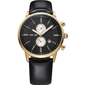 WEIDE WH3302 Mens Luxury Sports Genuine Leather Strap Stainless Steel Case Round Casual Quartz Watch(Gold Black White) (Intl)  