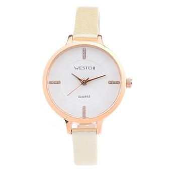 WESTCHI W3119LRECM-4T0 Women's Fashion Leather Strap Quartz Watch – White + Golden + Yellow  