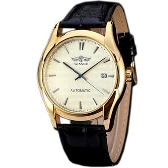 WINNER Business Men's Automatic Mechanical Black Leather Mens Watch White Dial WW217 (Intl)  