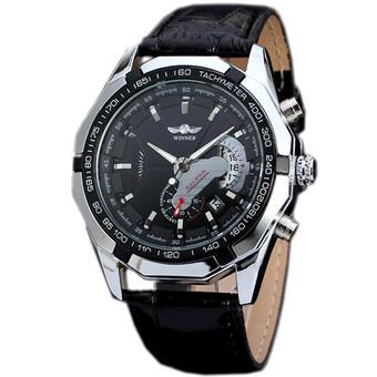 WINNER Leather Strap Automatic Mechanical Date Mens Sport Wrist Watch Black WW267 (Intl)  