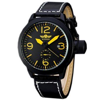 WINNER Men's Automatic Mechanical Mens Sport Watch Black Leather Yellow Numbers WW157 (Intl)  