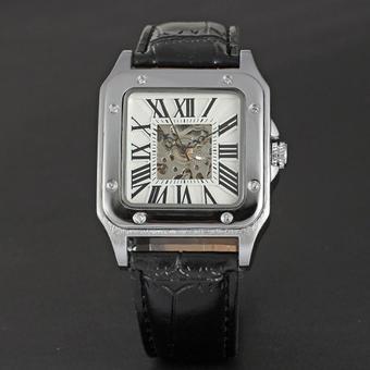 WINNER Skeleton Automatic Mechanical Square White Dial Men Black Leather Watch WW068 (Intl)  