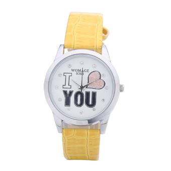 WOMAGE 9363 Casual PU Strap dress Crystal Hour Analog Silver Dial i love u Ladies quartz watches(Yellow)  