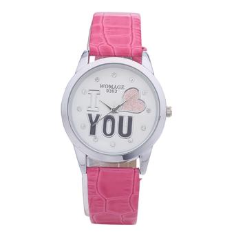 WOMAGE 9363 Casual PU Strap dress Crystal Hour Analog Silver Dial i love u Ladies quartz watches(Rose red)  