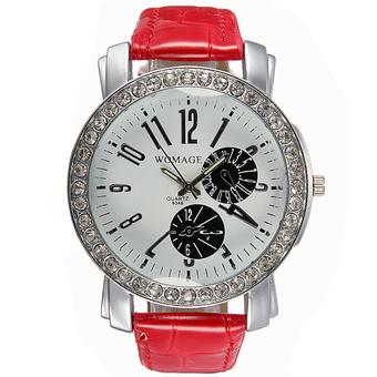 WOMAGE Women Rhinestone Red PU Leather Wrist Watch  