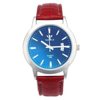 Waterproof Date Leather Blue Ray Glass Quartz Analog Watch Red- Intl  