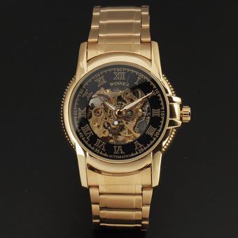 Winner Classic Skeleton Design Auto Mechanical Watch Gold Steel Material Black Dial - Intl  