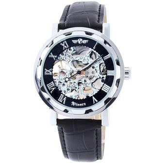 Winner Hand-Wind Mechanical Men's Leather Strap Wrist Watch (Black & Silver) (Intl)  