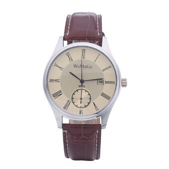 WoMaGe 9976 Leather Strap Military Casual Watch Date Function Roman Numbers Analog Quartz Wristwatch(Brown Belt white surface)  